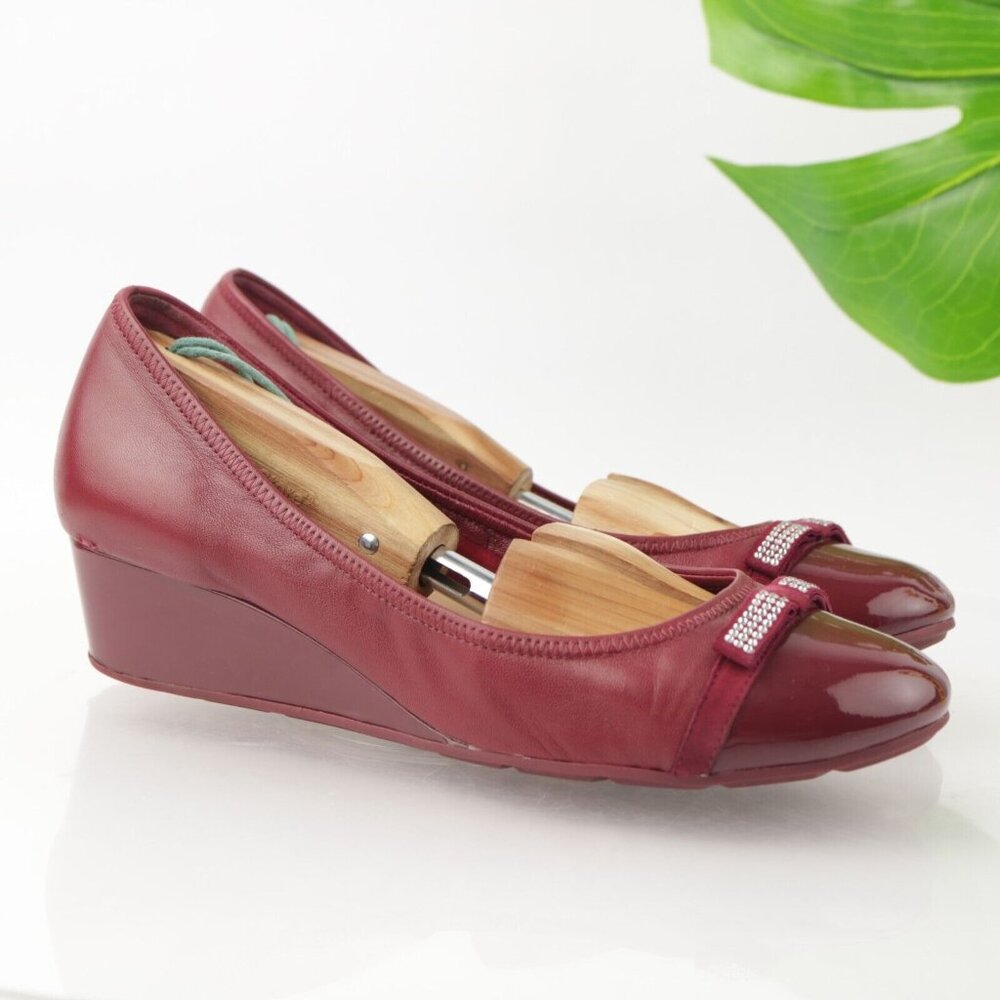 Cole Haan Womens Air Tali Pump Size 9.5 Red Leather Wedge Rhinestone Bow Shoe